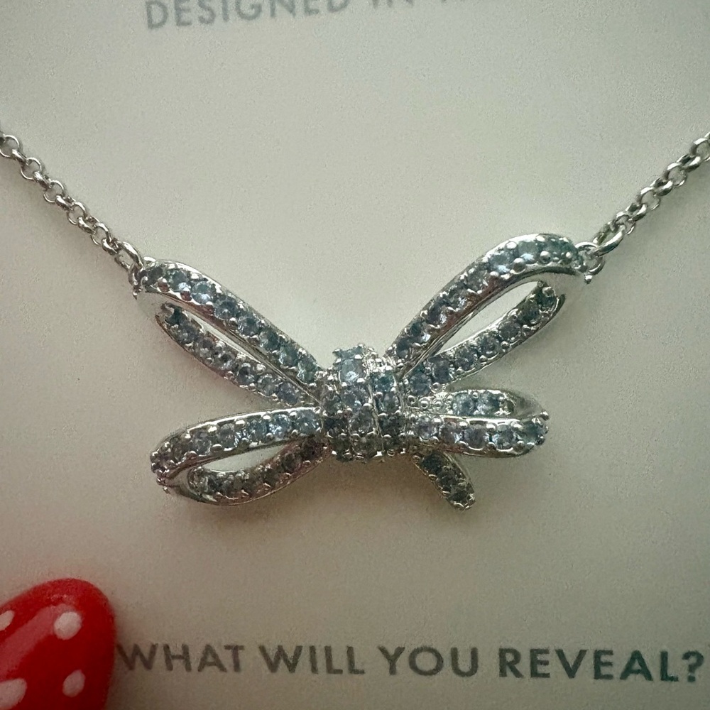 BP Sparkling Bow Necklace:Lab created aqua blue spinel, rhodium plating